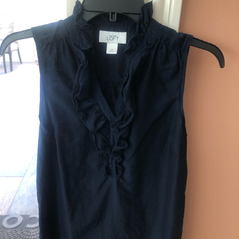 LOFT navy blue ruffle neck top XS